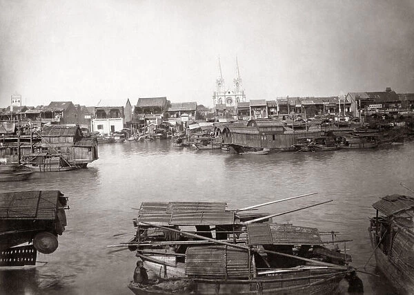 Boats and Sacred Heart Cathedral, Canton (Guangzhou) China, c. 1890