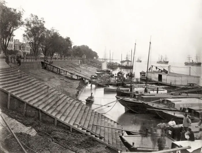 Framed Print : Boats tied up along waterfront, Hankow Hankou China Framed Print : Boats tied up along waterfront, Hankow Hankou China