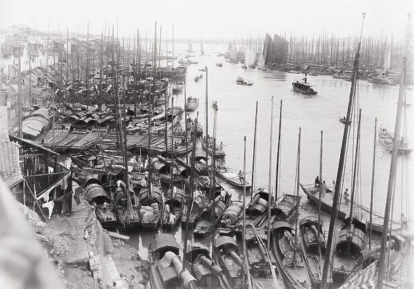 Boats tied up along Yangtze River, China, c. 1910