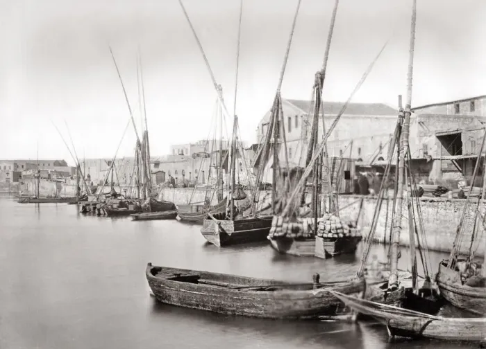 Framed Print : Boats at wharves, Alexandria, Egypt, c. 1880 s Framed Print : Boats at wharves, Alexandria, Egypt, c. 1880 s