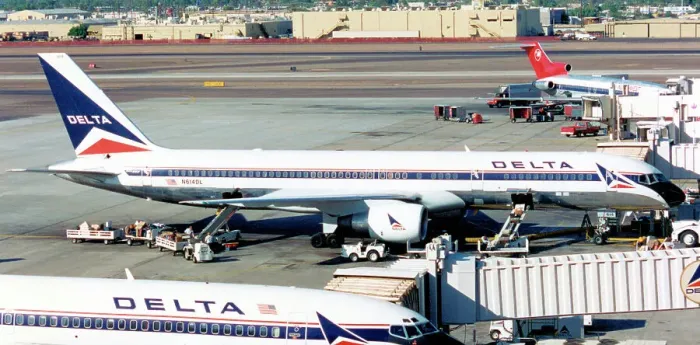 Framed Print : Boeing 757-232 N614DL (msn 22821, line Number 85). of Delta Airlines at Las Vegas International Airport. Date: circa 1996 Framed Print : Boeing 757-232 N614DL (msn 22821, line Number 85). of Delta Airlines at Las Vegas International Airport. Date: circa 1996