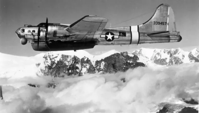 Framed Print : Boeing SB-17G Flying Fortress 43-39457 overflying mountain Framed Print : Boeing SB-17G Flying Fortress 43-39457 overflying mountain