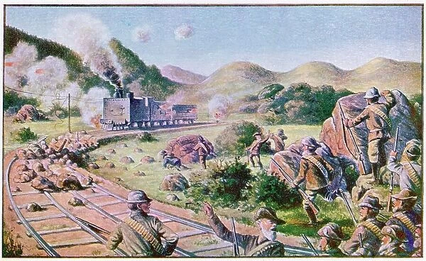 Boer guerillas ambush a British armoured train, halting it with rocks on the track Date: 1900