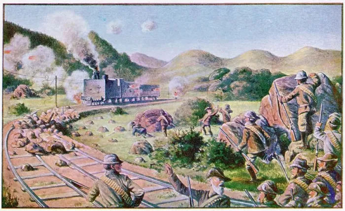 Framed Print : Boer guerillas ambush a British armoured train, halting it with rocks on the track Date: 1900 Framed Print : Boer guerillas ambush a British armoured train, halting it with rocks on the track Date: 1900