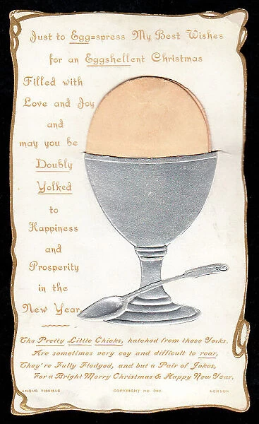 Boiled egg with comic verse on a Christmas card