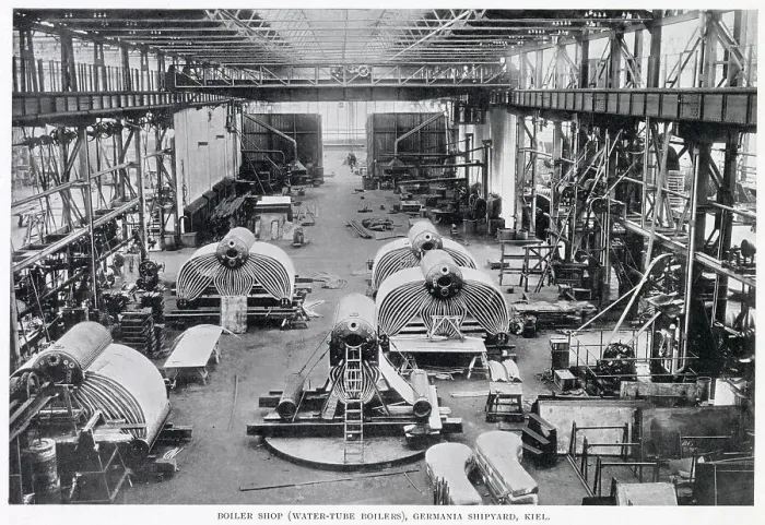 Framed Print : The Boiler shop (Water-tube boilers) at the Germania Shipyard, Kiel. Date: 1902 Framed Print : The Boiler shop (Water-tube boilers) at the Germania Shipyard, Kiel. Date: 1902