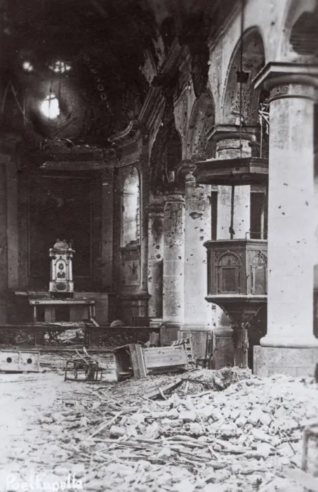 Framed Print : Bomb damage inside a church, Poelkapelle, Belgium, WW1 Framed Print : Bomb damage inside a church, Poelkapelle, Belgium, WW1