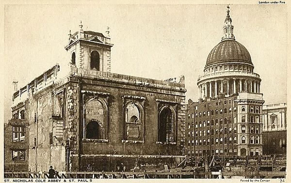 Bomb Damage, London - Shell of St. Nicholas Cole Abbey