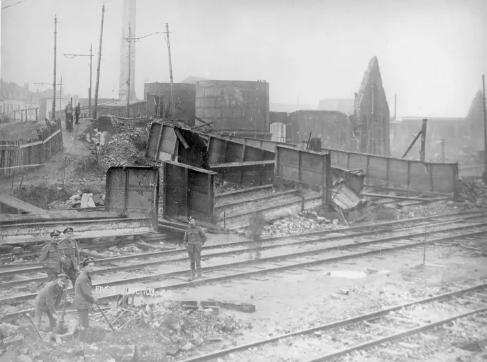 Framed Print : Bomb damage and repair of railway - Fives junction, Belgium Framed Print : Bomb damage and repair of railway - Fives junction, Belgium