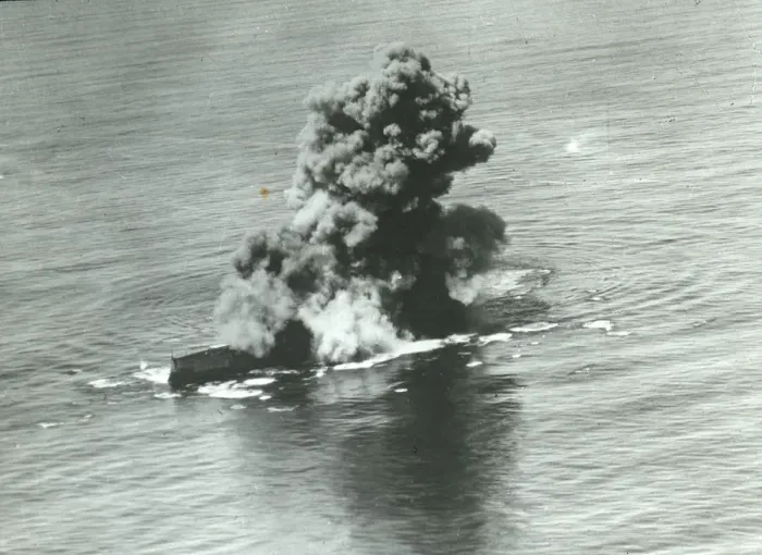 Framed Print : Bomb tests U. S. S. Virginia (1923): ship on fire