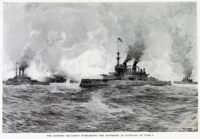 Framed Print : BOMBARDMENT OF SANTIAGO The Eastern Squadron bombards the Spanish batteries Date Framed Print : BOMBARDMENT OF SANTIAGO The Eastern Squadron bombards the Spanish batteries Date
