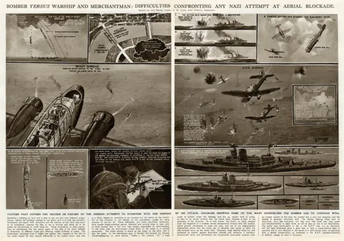 Framed Print : Bomber v. warship and merchantman by G. H. Davis Framed Print : Bomber v. warship and merchantman by G. H. Davis