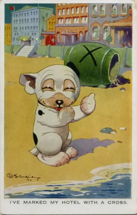 Framed Print : Bonzo on the beach next to a barrel Framed Print : Bonzo on the beach next to a barrel