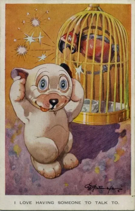 Framed Print : Bonzo being shouted at by a parrot Framed Print : Bonzo being shouted at by a parrot