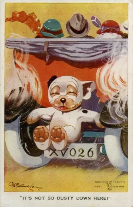 Framed Print : Bonzo sitting on the back of a car Framed Print : Bonzo sitting on the back of a car
