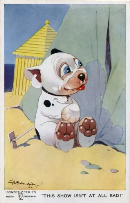 Framed Print : Bonzo sitting outside a tent on the beach Framed Print : Bonzo sitting outside a tent on the beach