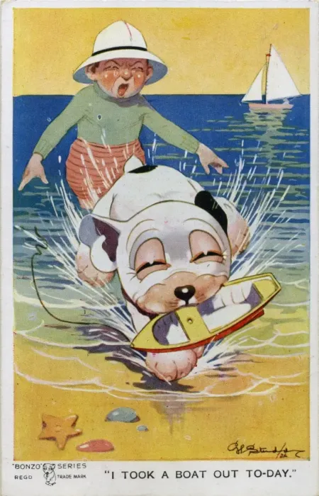 Framed Print : Bonzo stealing a toy boat Framed Print : Bonzo stealing a toy boat