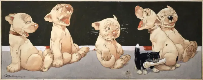 Framed Print : Five Bonzos laugh as a small black kitten takes their bone Framed Print : Five Bonzos laugh as a small black kitten takes their bone