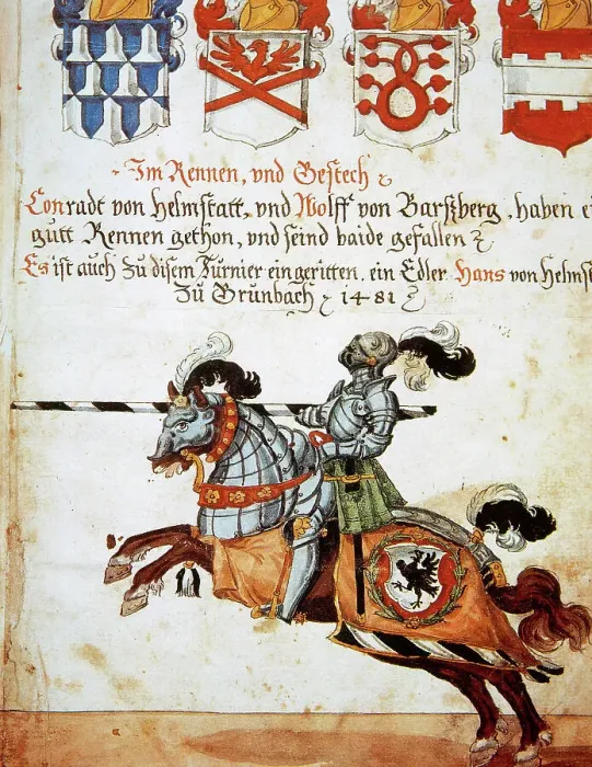 Framed Print : Book of the Tournament. Knight on horseback and armed with s Framed Print : Book of the Tournament. Knight on horseback and armed with s