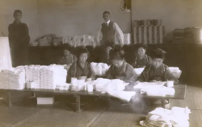 Framed Print : Bookbinding in a European-run Japanese paper factory Framed Print : Bookbinding in a European-run Japanese paper factory