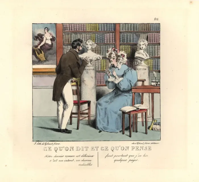 Framed Print : Bookish woman in a library talking to an author Framed Print : Bookish woman in a library talking to an author