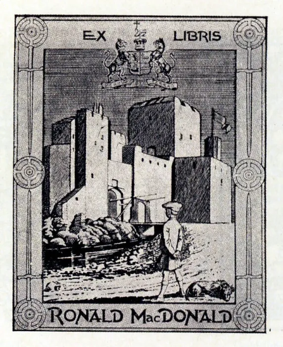 Framed Print : A bookplate design of a young farm boy with sleeping dog, looking at a modern looking castle. Inscribed with the book owner, Ronald MacDonald. Date: circa 1923 Framed Print : A bookplate design of a young farm boy with sleeping dog, looking at a modern looking castle. Inscribed with the book owner, Ronald MacDonald. Date: circa 1923