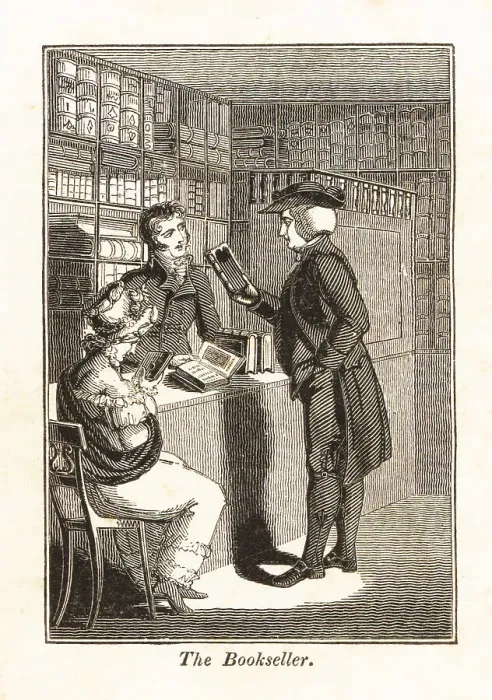 Framed Print : Bookseller showing titles to customers in a Regency bookshop Framed Print : Bookseller showing titles to customers in a Regency bookshop