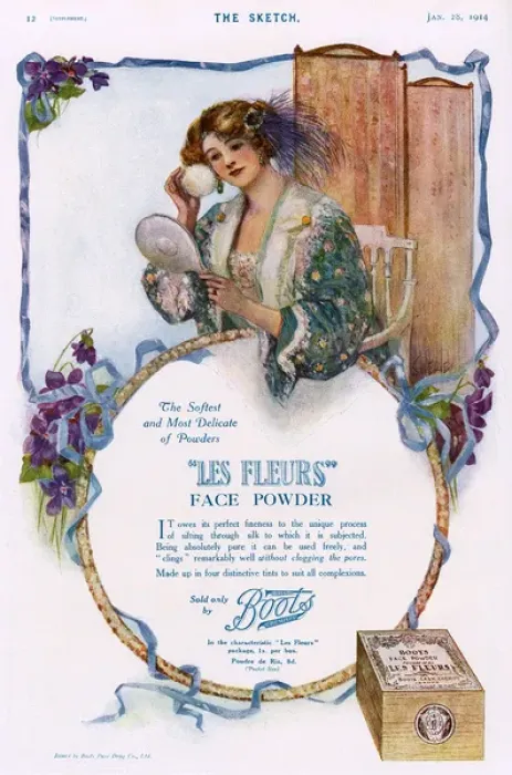 Framed Print : Boots Les Fleurs face powder advertisement, 1914 Framed Print : Boots Les Fleurs face powder advertisement, 1914