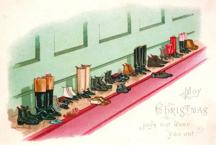 Framed Print : Boots and shoes on a Christmas card Framed Print : Boots and shoes on a Christmas card