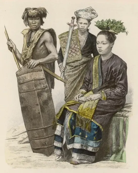 Framed Print : BORNEO. Three natives of Borneo: two warriors (Dyaks) and a princess Framed Print : BORNEO. Three natives of Borneo: two warriors (Dyaks) and a princess