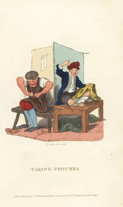 Framed Print : Two botchers repairing clothes, London, Regency era Framed Print : Two botchers repairing clothes, London, Regency era