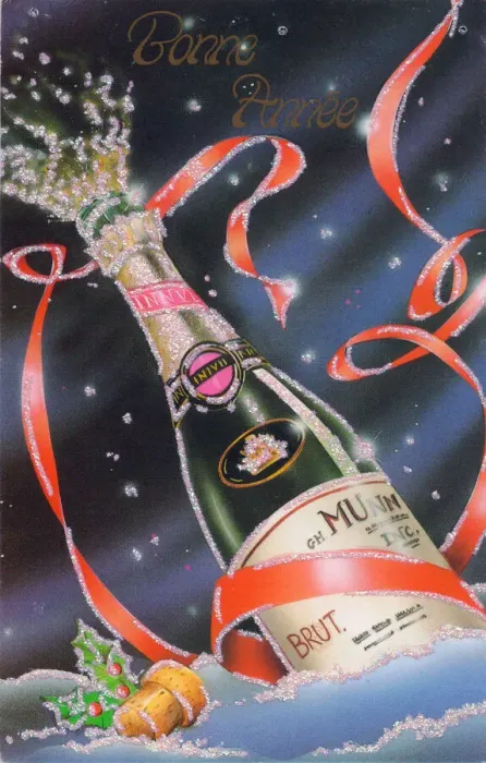 Framed Print : Bottle of champagne on a French New Year postcard Framed Print : Bottle of champagne on a French New Year postcard