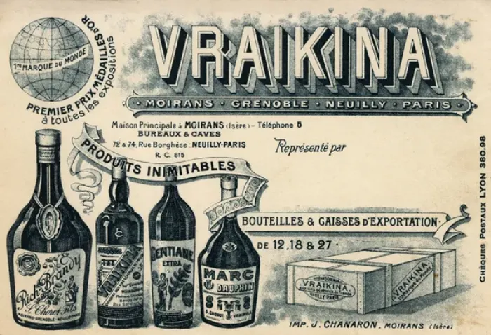 Framed Print : Four bottles of liquor produced by the Vraikina Company Framed Print : Four bottles of liquor produced by the Vraikina Company