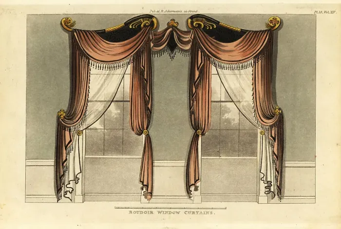 Framed Print : Boudoir or breakfast-parlour window curtains, 1815 Framed Print : Boudoir or breakfast-parlour window curtains, 1815