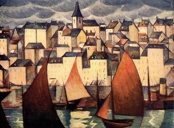 Boulogne. This oil painting shows a waterside scene of the city of Boulogne-sur-Mer