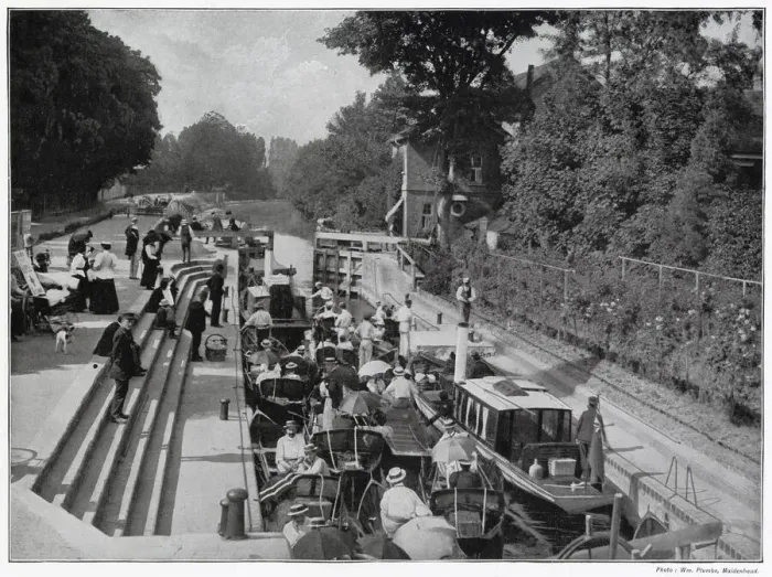 Framed Print : Boulters Lock - on Ascot Sunday, waiting their turn outside Boulters on a summers Framed Print : Boulters Lock - on Ascot Sunday, waiting their turn outside Boulters on a summers