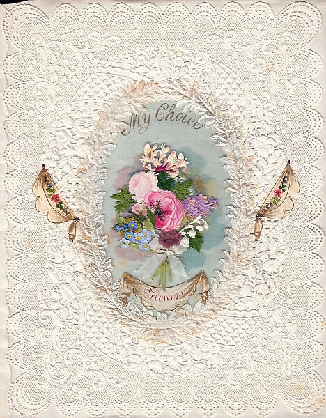Bouquet of flowers on a paper lace romantic card