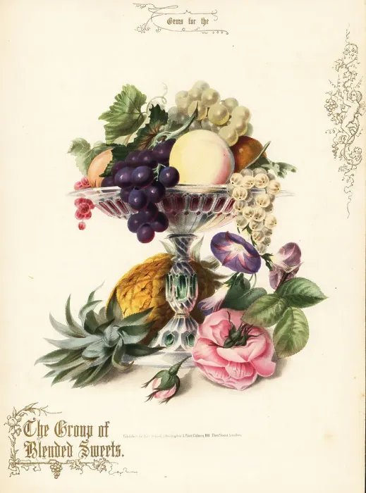 Framed Print : Bouquet of pineapple, grapes, peach, rose, morning glory Framed Print : Bouquet of pineapple, grapes, peach, rose, morning glory