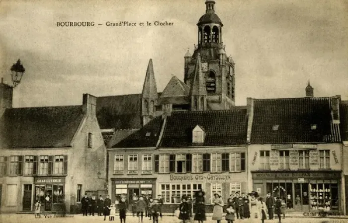 Framed Print : Bourbourg, France - Grand Place and church steeple Framed Print : Bourbourg, France - Grand Place and church steeple