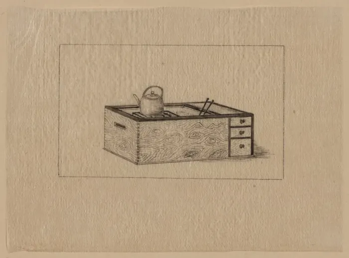 Framed Print : Box (stove) with drawers, open at top showing grill or hibac Framed Print : Box (stove) with drawers, open at top showing grill or hibac