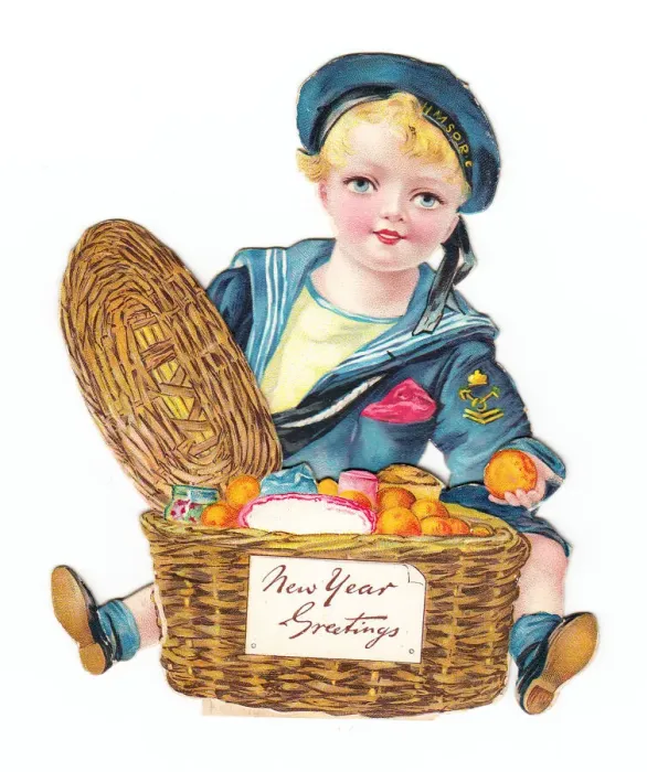 Framed Print : Boy with a basket of fruit on a cutout New Year card Framed Print : Boy with a basket of fruit on a cutout New Year card