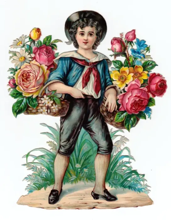 Framed Print : Boy with baskets of flowers on a Victorian scrap Framed Print : Boy with baskets of flowers on a Victorian scrap