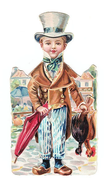 Boy with chickens and umbrella on a cutout greetings card