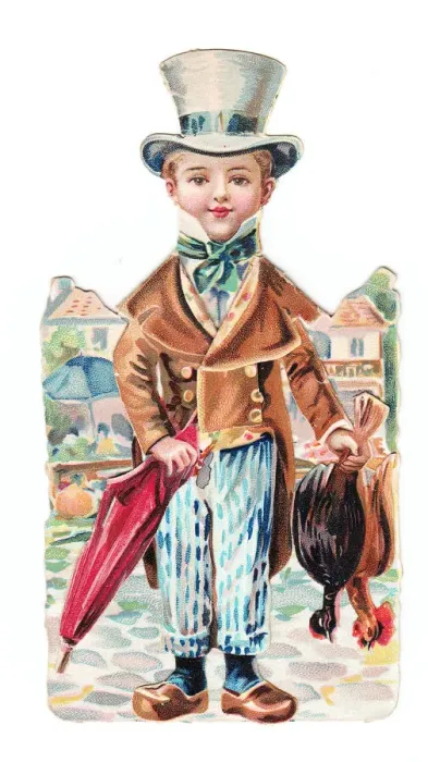 Framed Print : Boy with chickens and umbrella on a cutout greetings card Framed Print : Boy with chickens and umbrella on a cutout greetings card