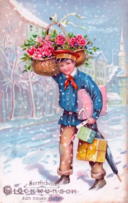 Framed Print : Boy delivering presents on a German New Year postcard Framed Print : Boy delivering presents on a German New Year postcard