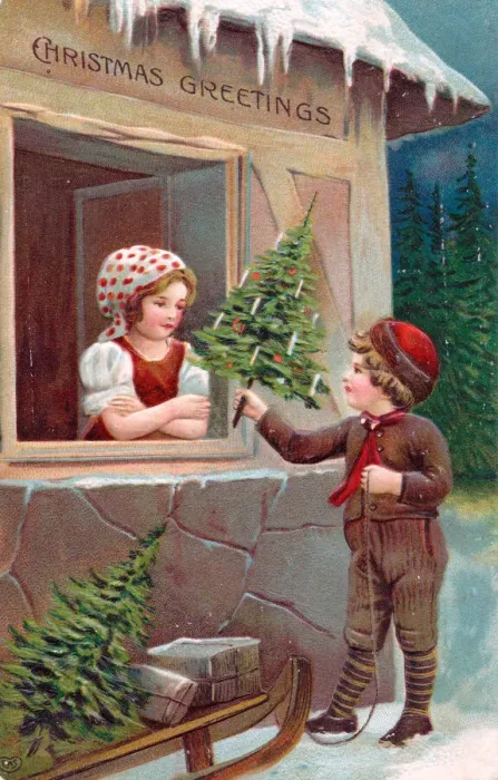 Framed Print : Boy delivering a tree to a girl on a Christmas postcard Framed Print : Boy delivering a tree to a girl on a Christmas postcard