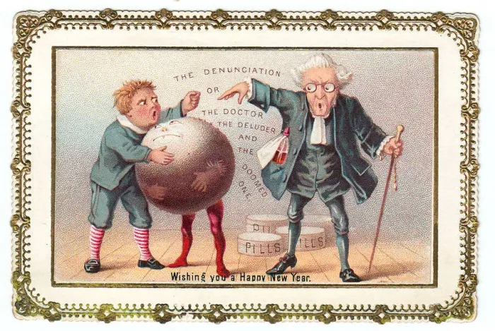 Framed Print : Boy with doctor and pudding on a comic New Year card Framed Print : Boy with doctor and pudding on a comic New Year card