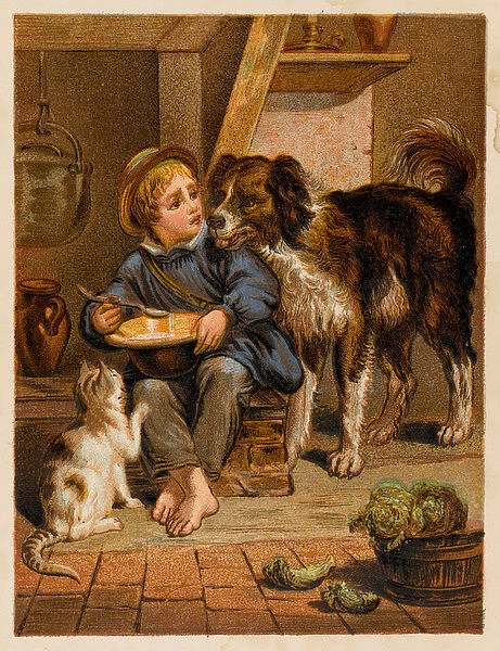 Boy, Dog and Cat. My turn now - a barefoot boy reluctantly shares his meal