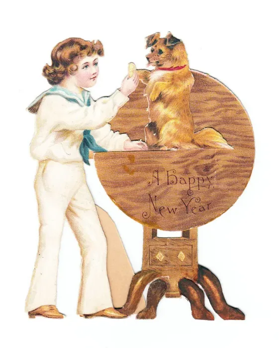Framed Print : Boy with a dog on a cutout New Year card Framed Print : Boy with a dog on a cutout New Year card