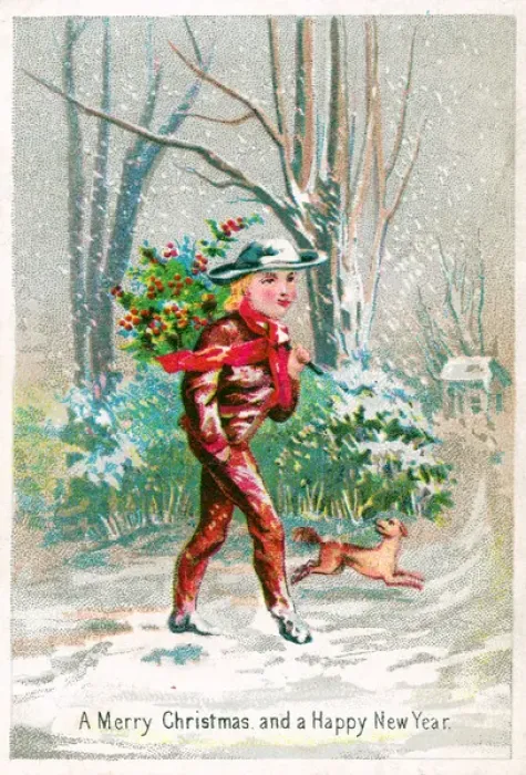 Framed Print : Boy and dog with holly on a Christmas card Framed Print : Boy and dog with holly on a Christmas card